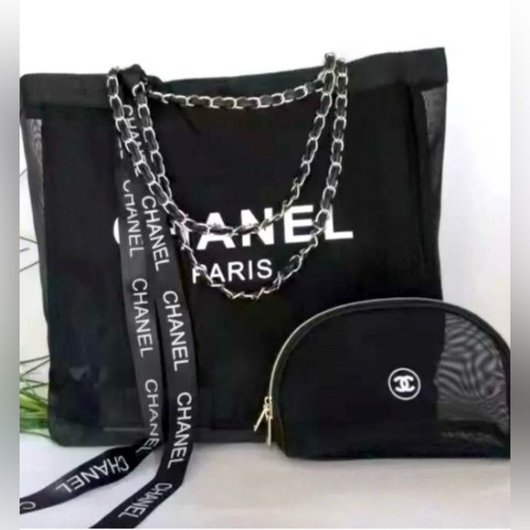 Chanel Black Mesh Tote with Cosmetic Pouch and Silver Chain Straps NWT - Picture 1 of 15